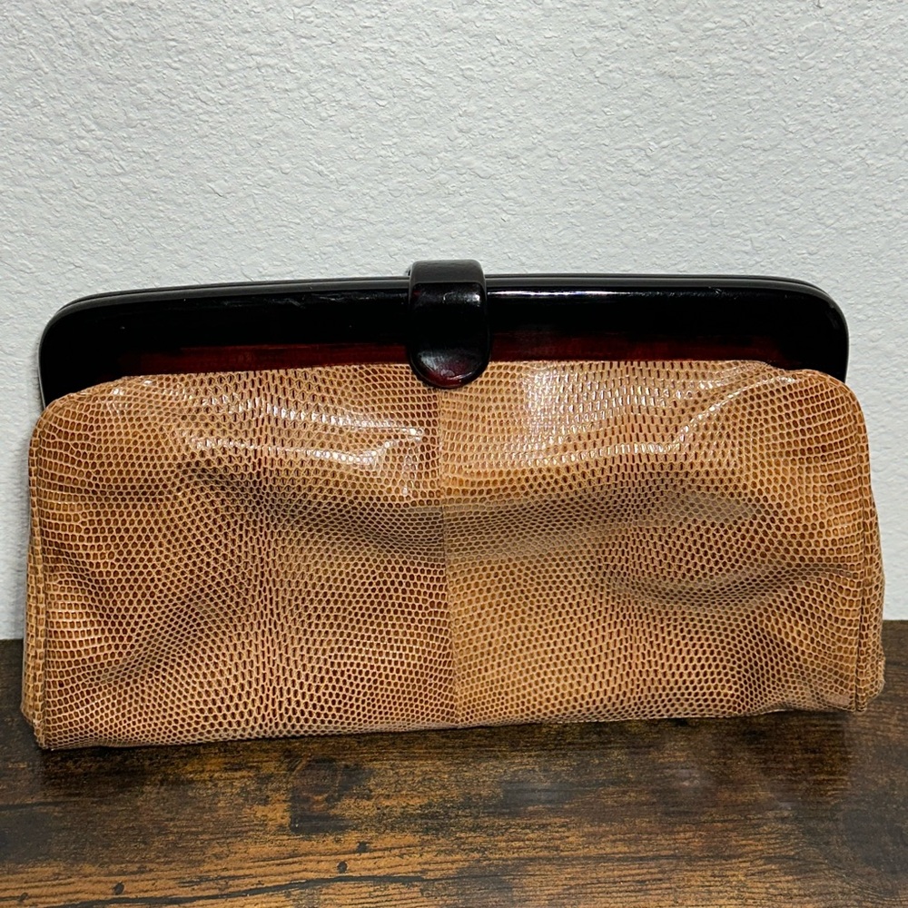 Brown Textured Clutch with Black Trim